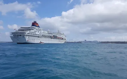 Cruise ship docked at the port of Miyakojima, Japan