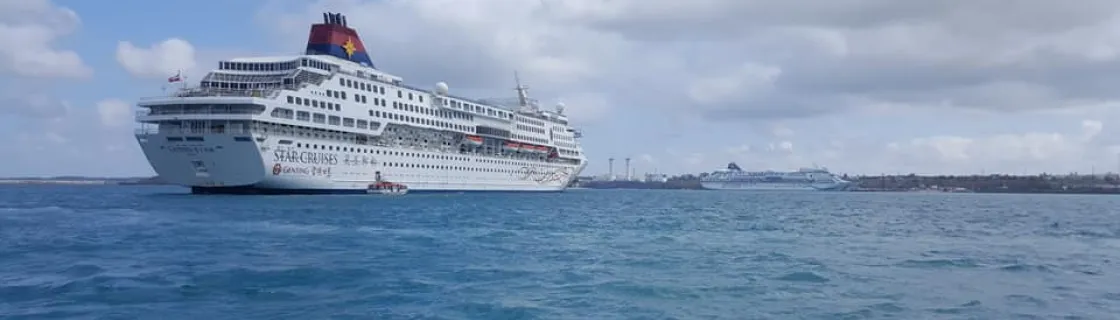 Cruise ship docked at the port of Miyakojima, Japan
